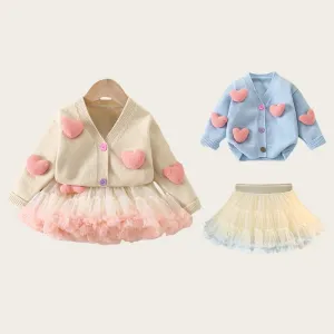 2PCS 3D Heart Toddler Girls Princess Knit Sweaters And Tutu Skirts
