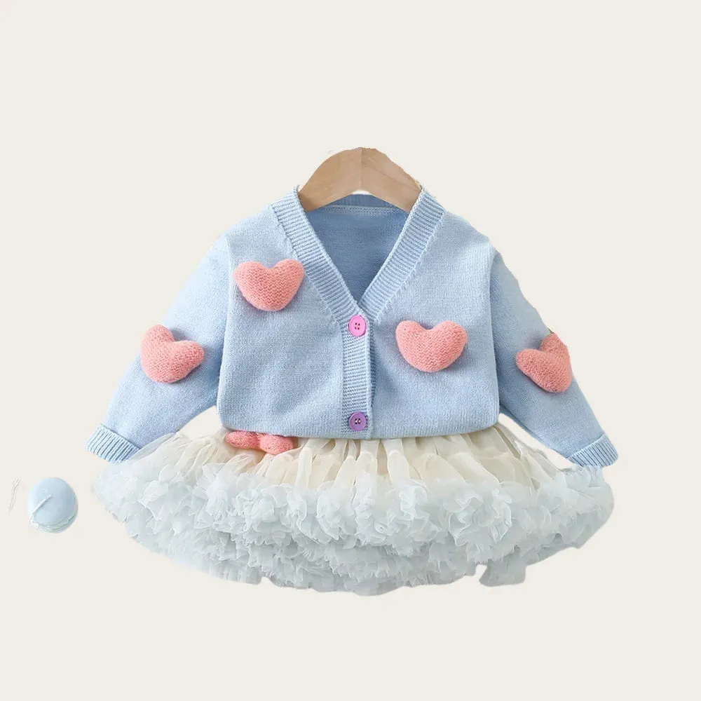 2PCS 3D Heart Toddler Girls Princess Knit Sweaters And Tutu Skirts