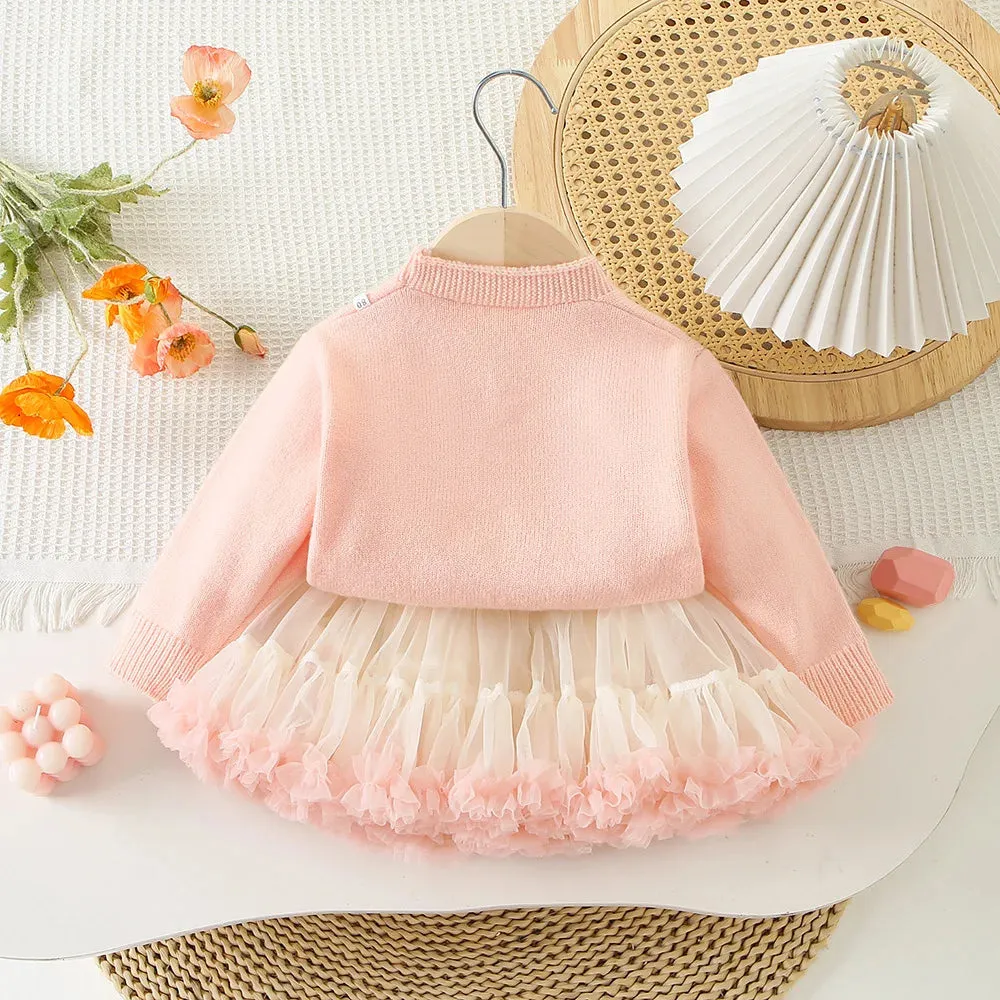 2PCS 3D Heart Toddler Girls Princess Knit Sweaters And Tutu Skirts