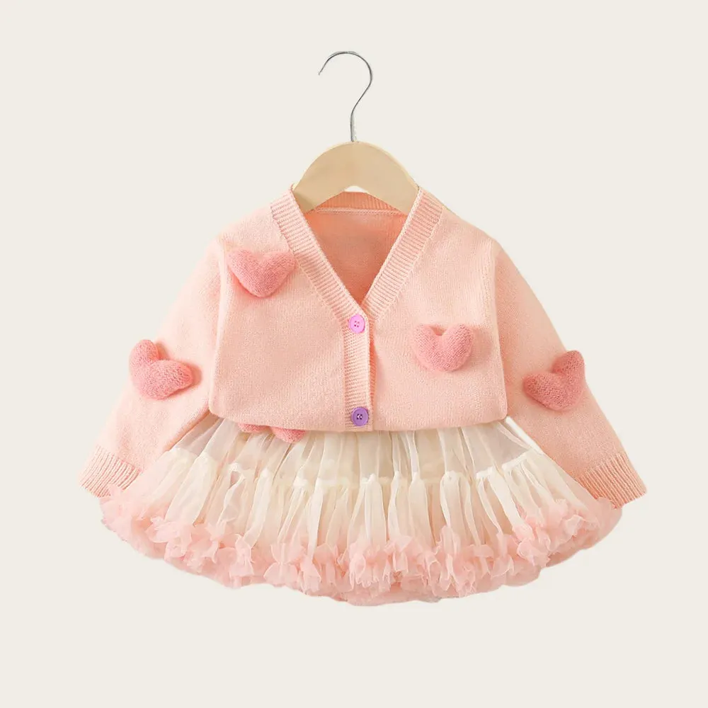 2PCS 3D Heart Toddler Girls Princess Knit Sweaters And Tutu Skirts