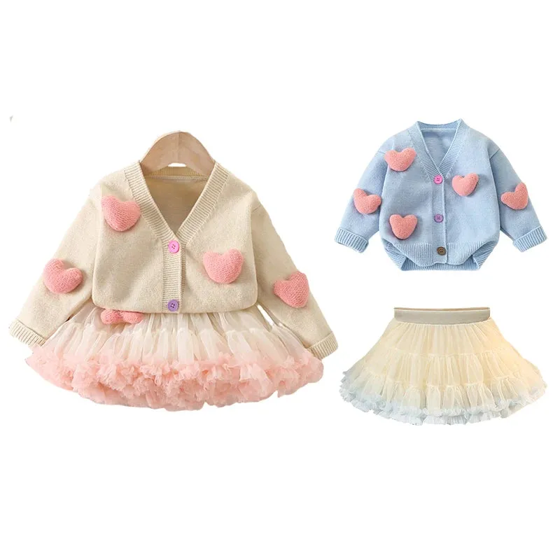 2PCS 3D Heart Toddler Girls Princess Knit Sweaters And Tutu Skirts