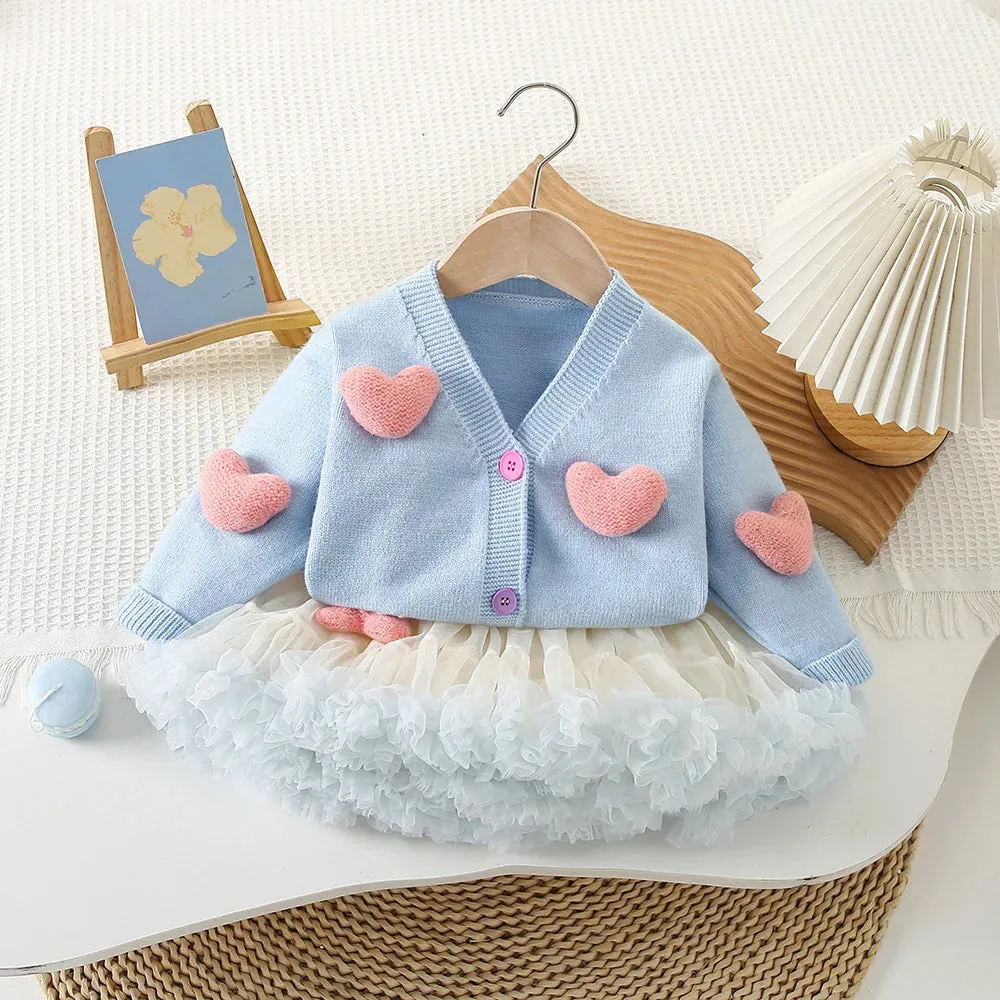 2PCS 3D Heart Toddler Girls Princess Knit Sweaters And Tutu Skirts