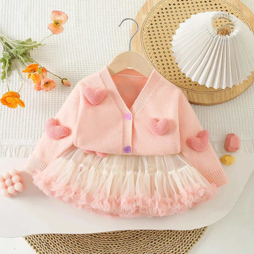 2PCS 3D Heart Toddler Girls Princess Knit Sweaters And Tutu Skirts