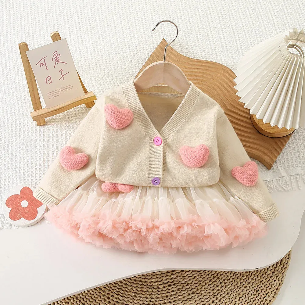 2PCS 3D Heart Toddler Girls Princess Knit Sweaters And Tutu Skirts