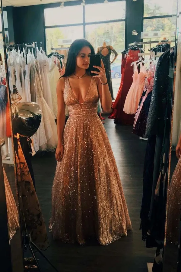 A-line Deep V-neck Sleeveless Sequins Floor-length Prom Dresses, Long Evening Dresses,MP482