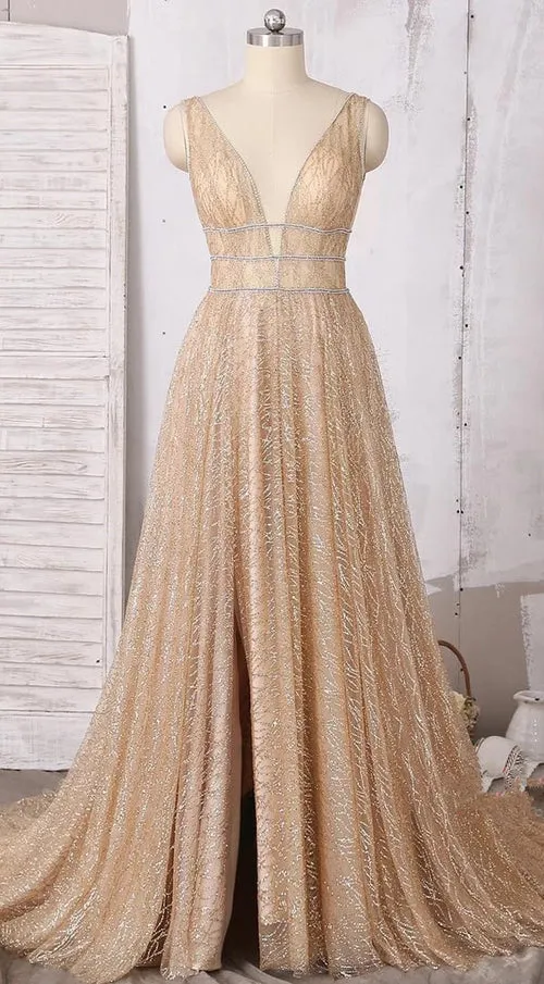 A-line Deep V-neck Sleeveless Sequins Floor-length Prom Dresses, Long Evening Dresses,MP482