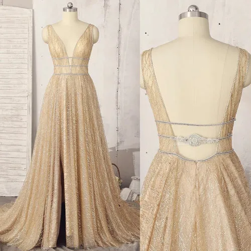 A-line Deep V-neck Sleeveless Sequins Floor-length Prom Dresses, Long Evening Dresses,MP482