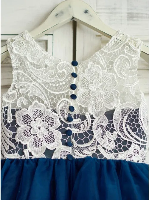 A-Line Round Neck Navy Blue Tulle Flower Girl Dresses with Lace OKP18