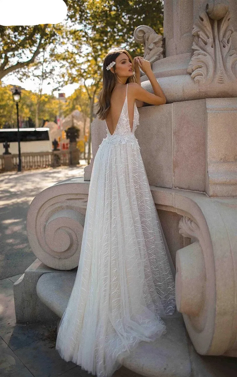 A-line Sparkling Lace Spaghetti Straps Side Split Beach Bride Wedding Dress