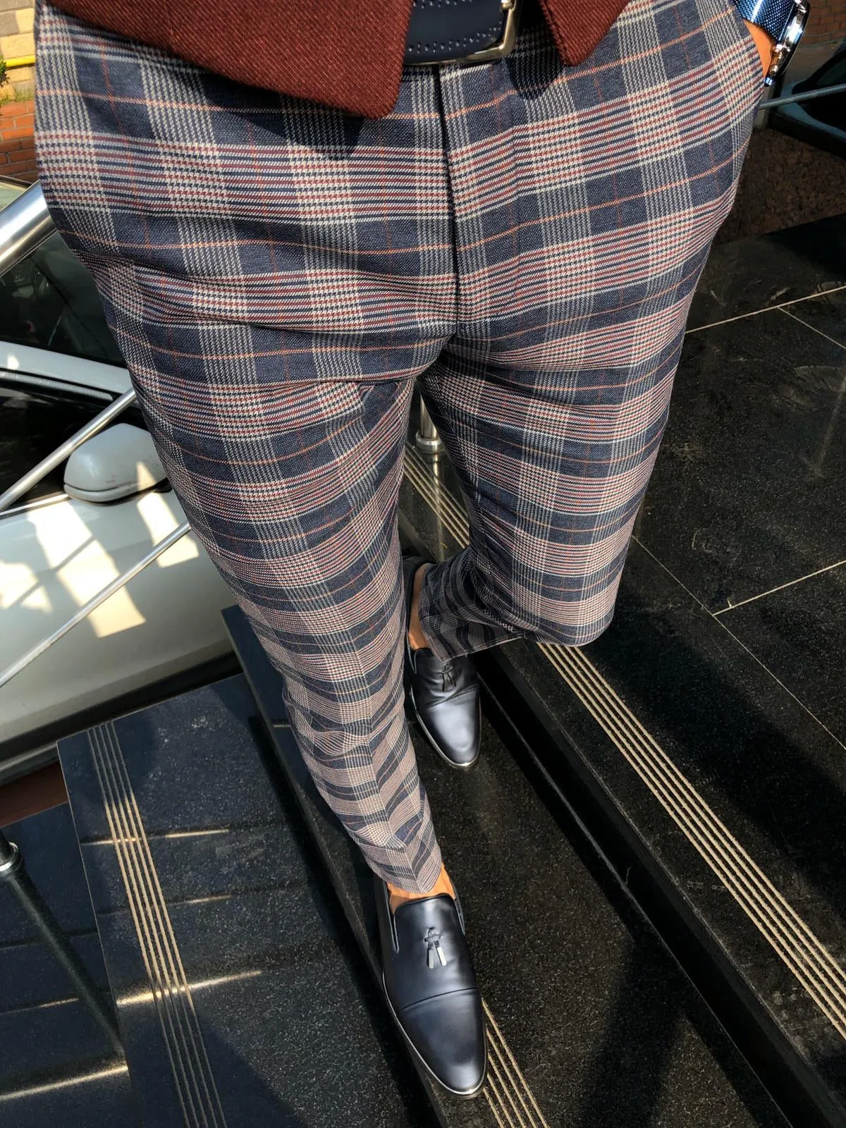 Adena Classic Navy Blue Slim Fit Plaid Pants