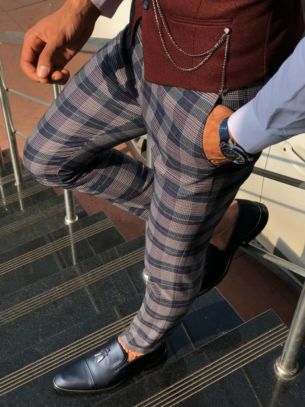 Adena Classic Navy Blue Slim Fit Plaid Pants