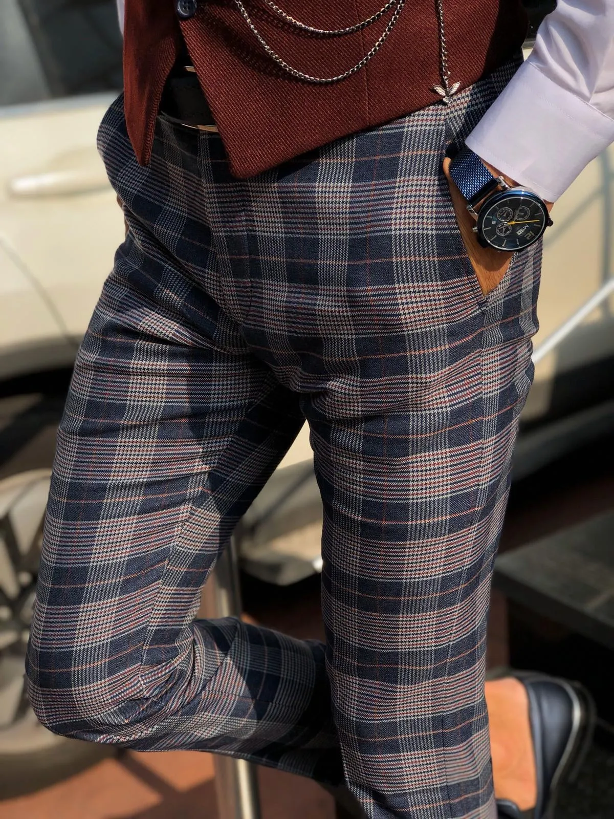 Adena Classic Navy Blue Slim Fit Plaid Pants