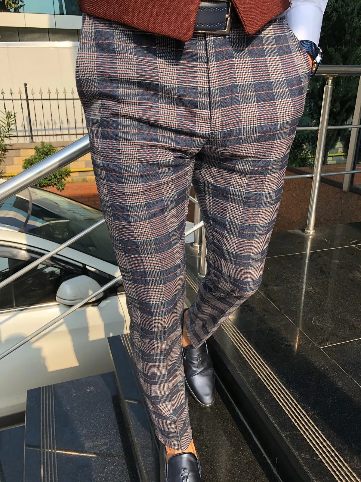 Adena Classic Navy Blue Slim Fit Plaid Pants