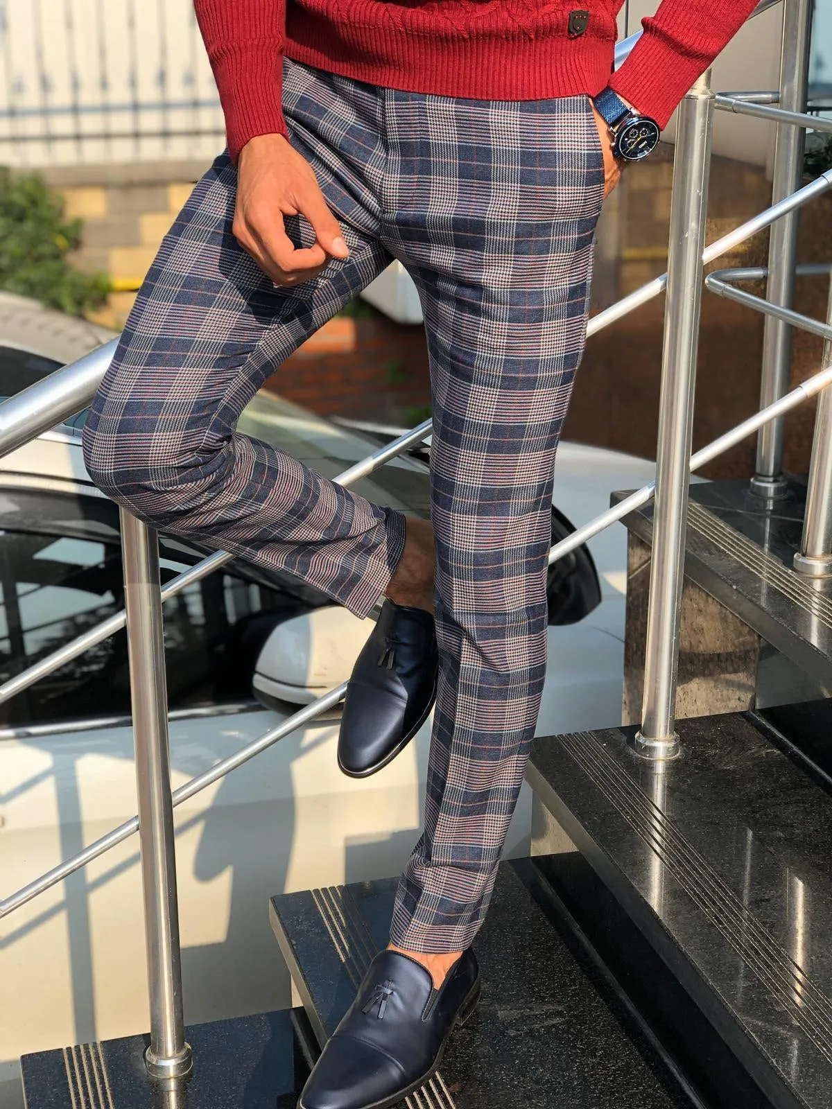 Adena Classic Navy Blue Slim Fit Plaid Pants