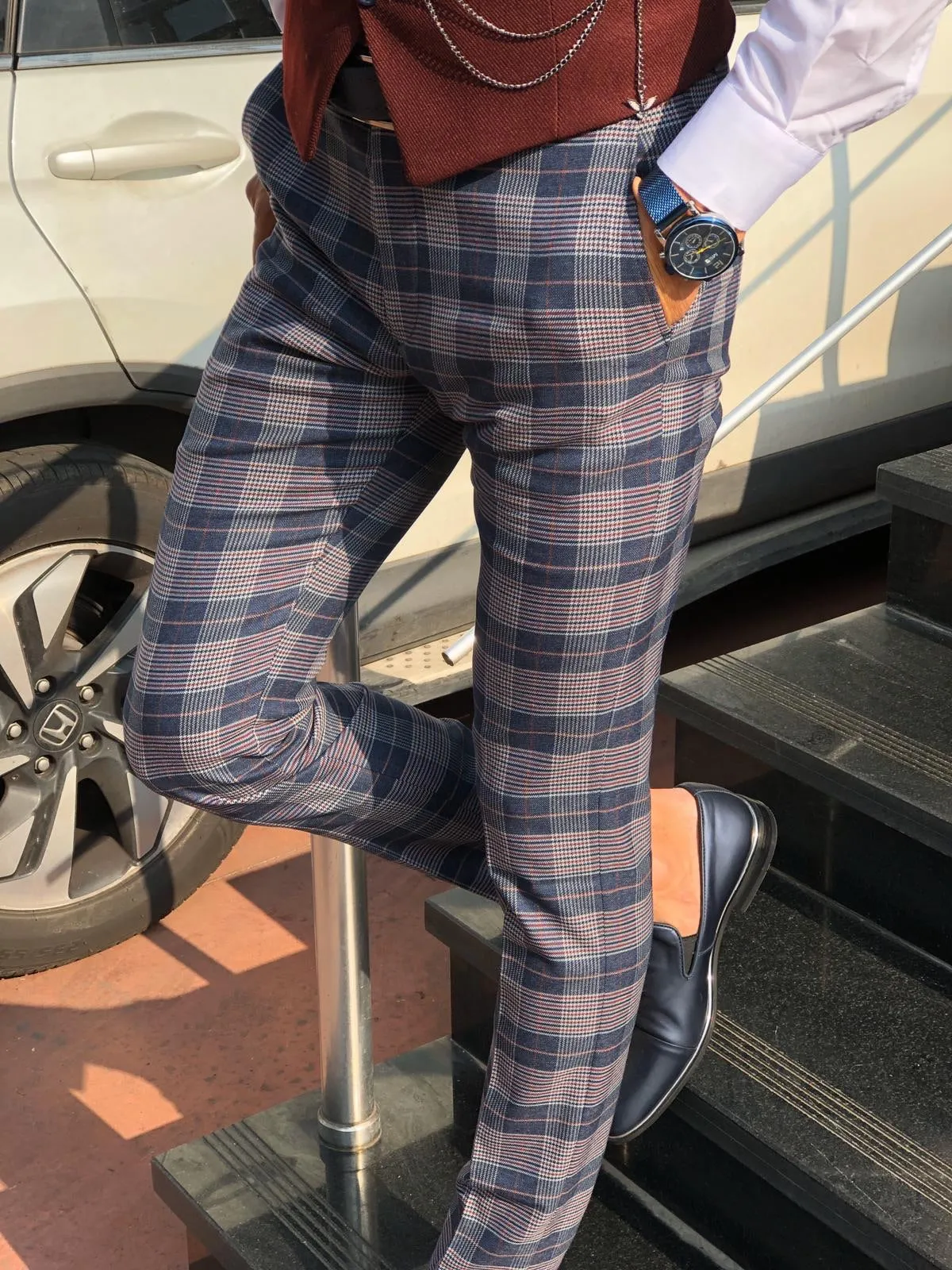 Adena Classic Navy Blue Slim Fit Plaid Pants