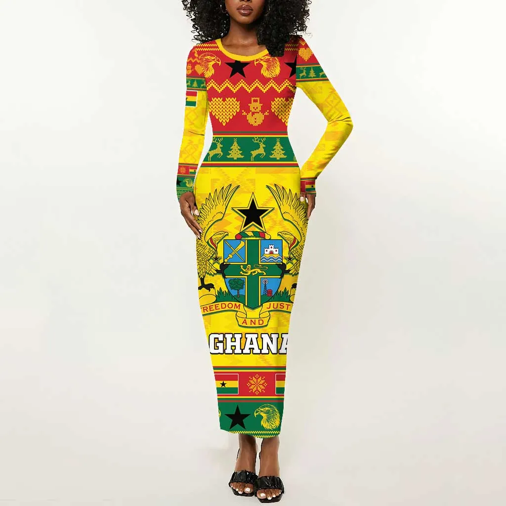 Afro Ghana Christmas Long Sleeve Bodycon Dress Coat Of Arms - Kente Pattern LT15