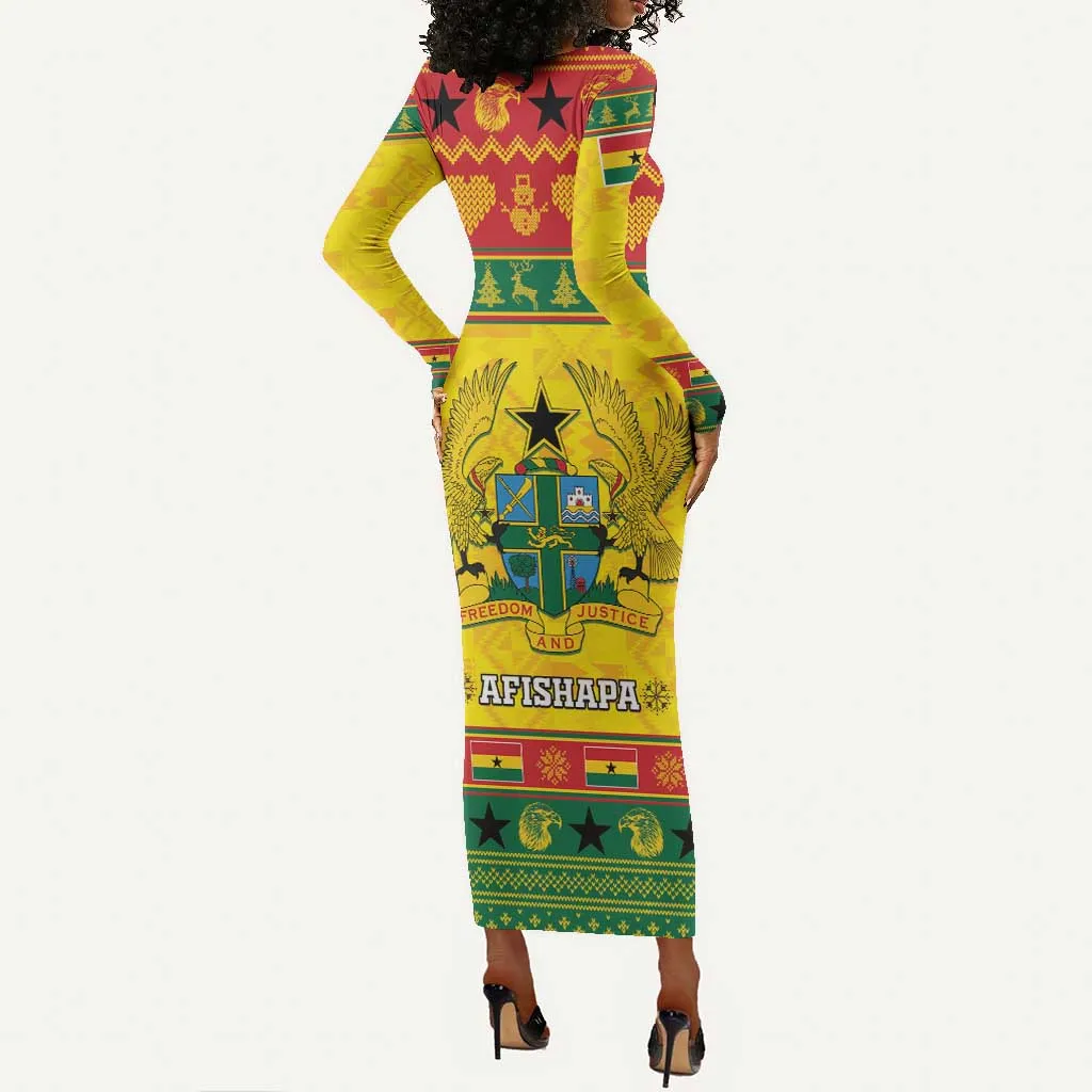 Afro Ghana Christmas Long Sleeve Bodycon Dress Coat Of Arms - Kente Pattern LT15