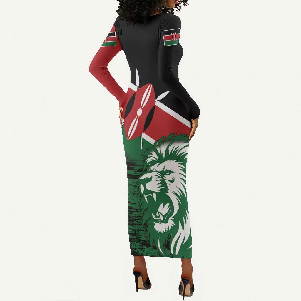 Afro Kenya Lion Head Long Sleeve Bodycon Dress Flag Style LT18