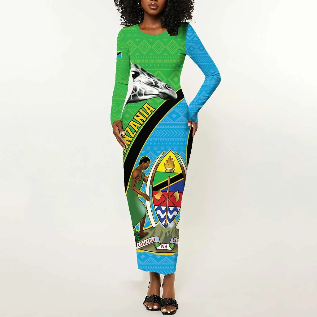Afro Tanzania Giraffe Long Sleeve Bodycon Dress Coat Of Arms Curve Style LT15