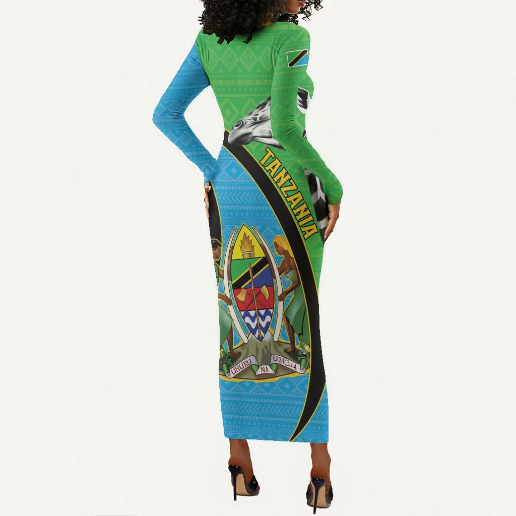 Afro Tanzania Giraffe Long Sleeve Bodycon Dress Coat Of Arms Curve Style LT15
