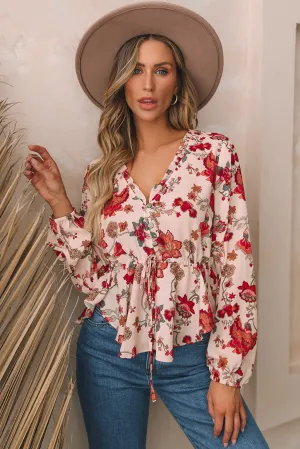 Angelica Floral V-Neck Drawstring Peplum Blouse