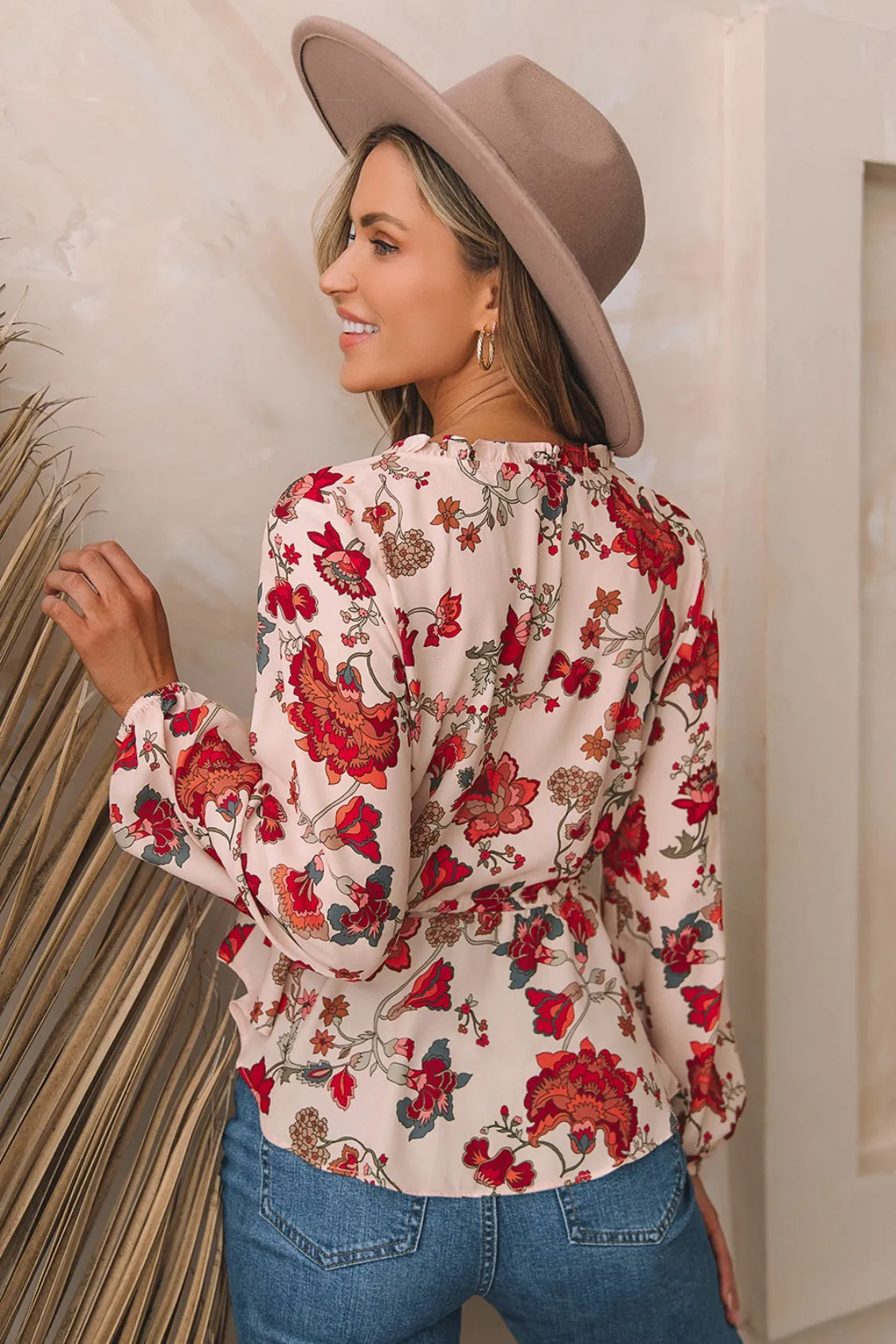 Angelica Floral V-Neck Drawstring Peplum Blouse