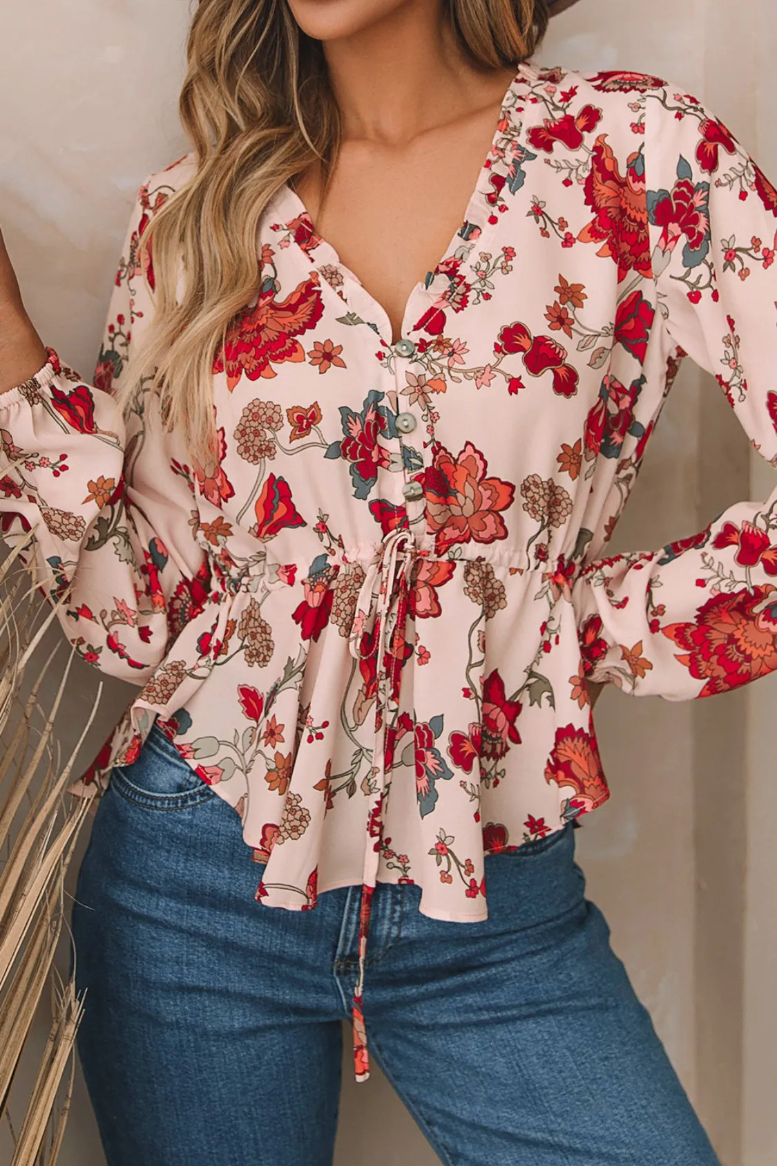 Angelica Floral V-Neck Drawstring Peplum Blouse