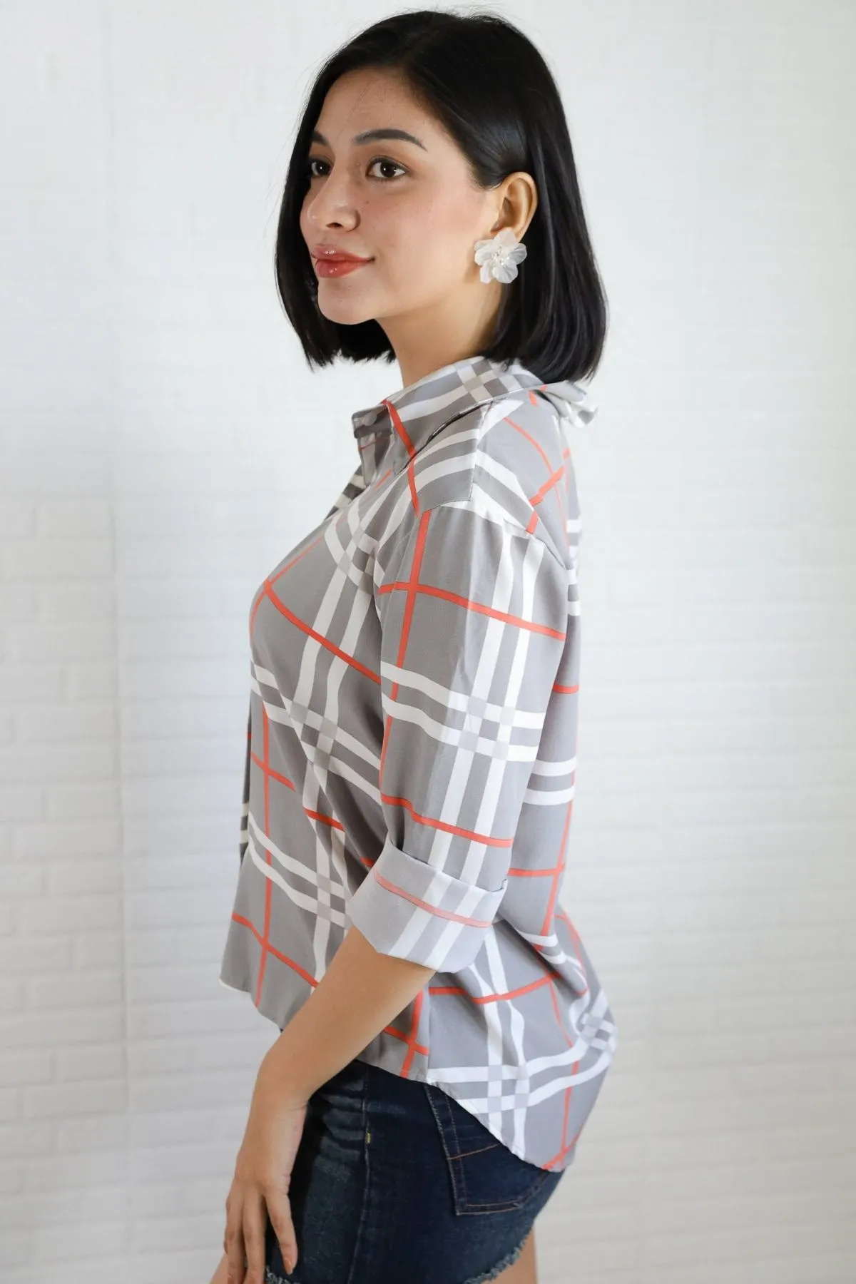 ANIKA Plaid Button-Down Shirt (Gray)