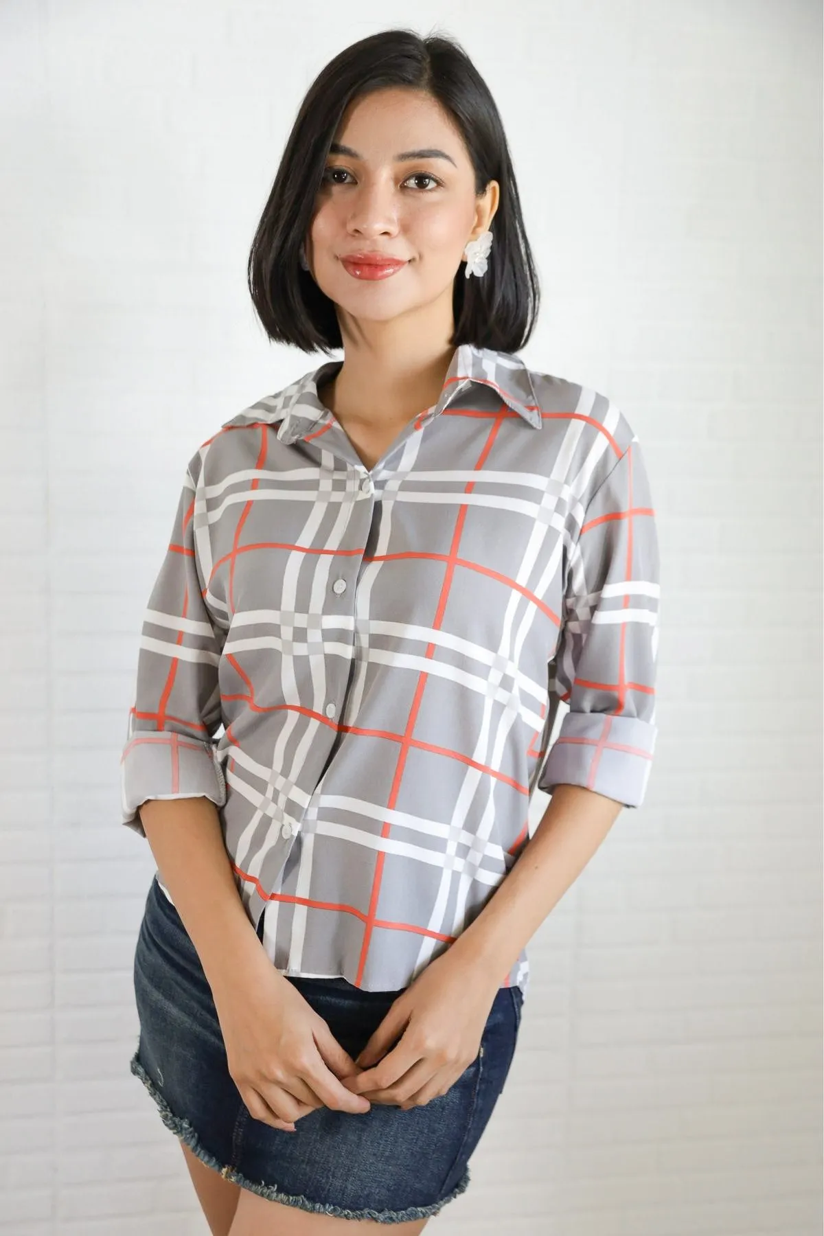 ANIKA Plaid Button-Down Shirt (Gray)