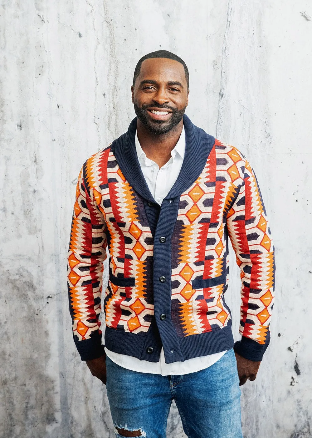 Aren African Print Button-Up Cardigan Sweater (Cream Orange Kente)