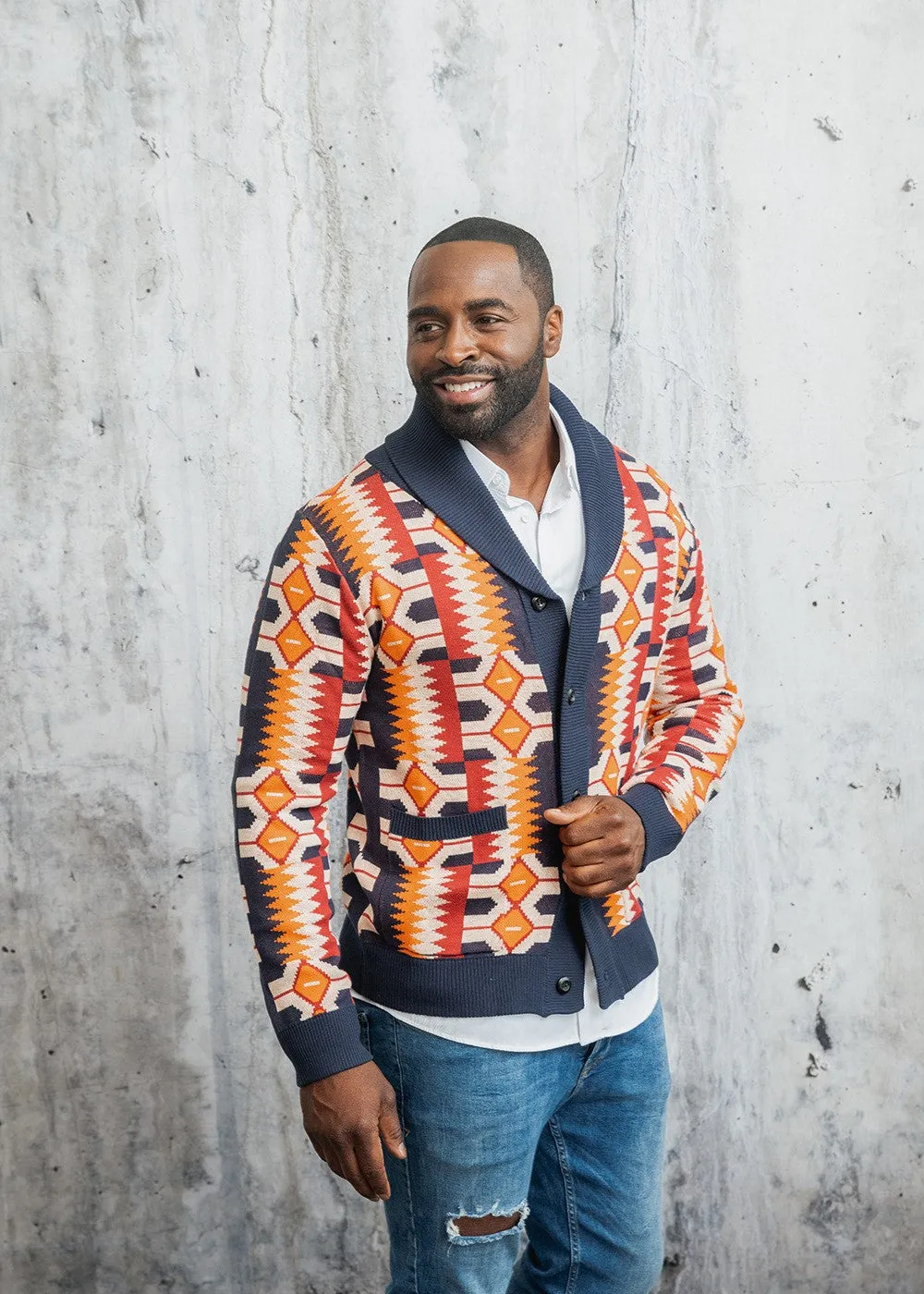 Aren African Print Button-Up Cardigan Sweater (Cream Orange Kente)