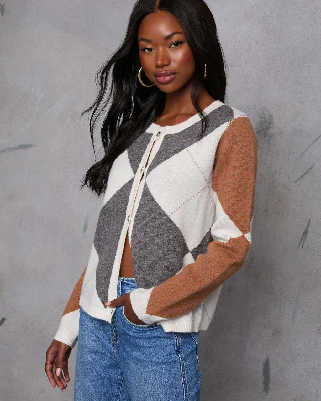 Argyle Print Button Down Cardigan
