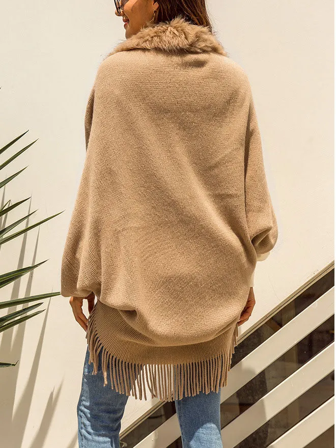 Autumn and Winter Tassel Cloak Shawl Fur Collar Cloak Solid Color Cardigan Sweater