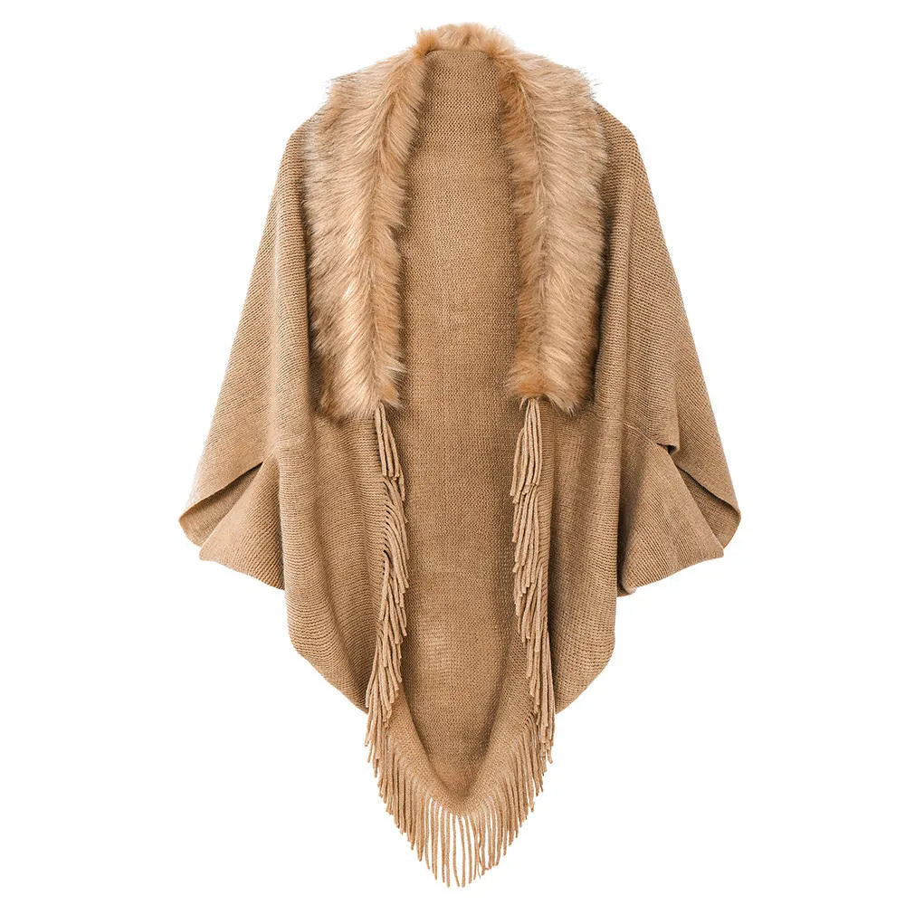 Autumn and Winter Tassel Cloak Shawl Fur Collar Cloak Solid Color Cardigan Sweater
