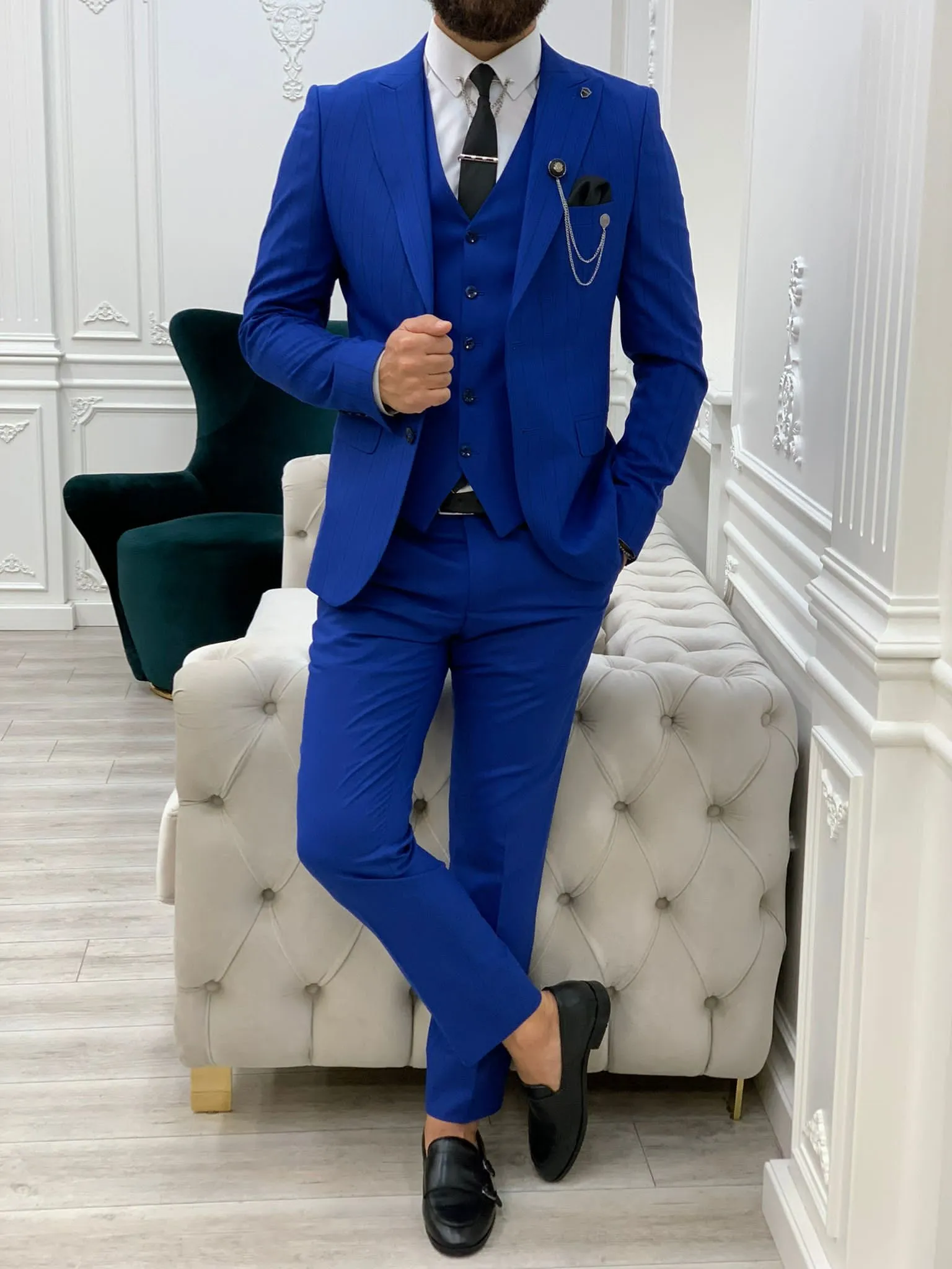 Barrua Blue Slim Fit Peak Lapel Striped Suit