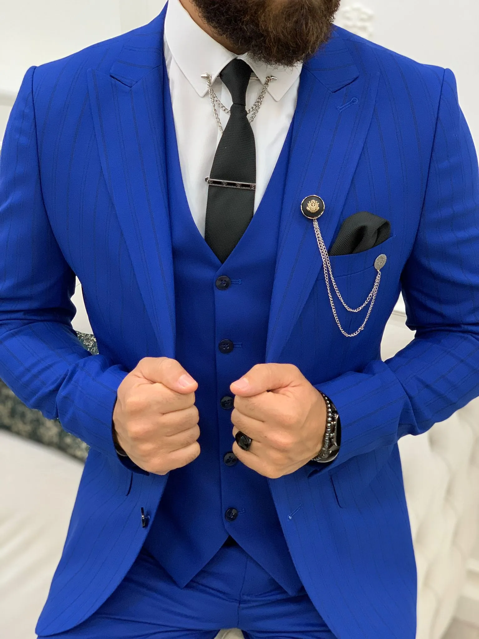 Barrua Blue Slim Fit Peak Lapel Striped Suit