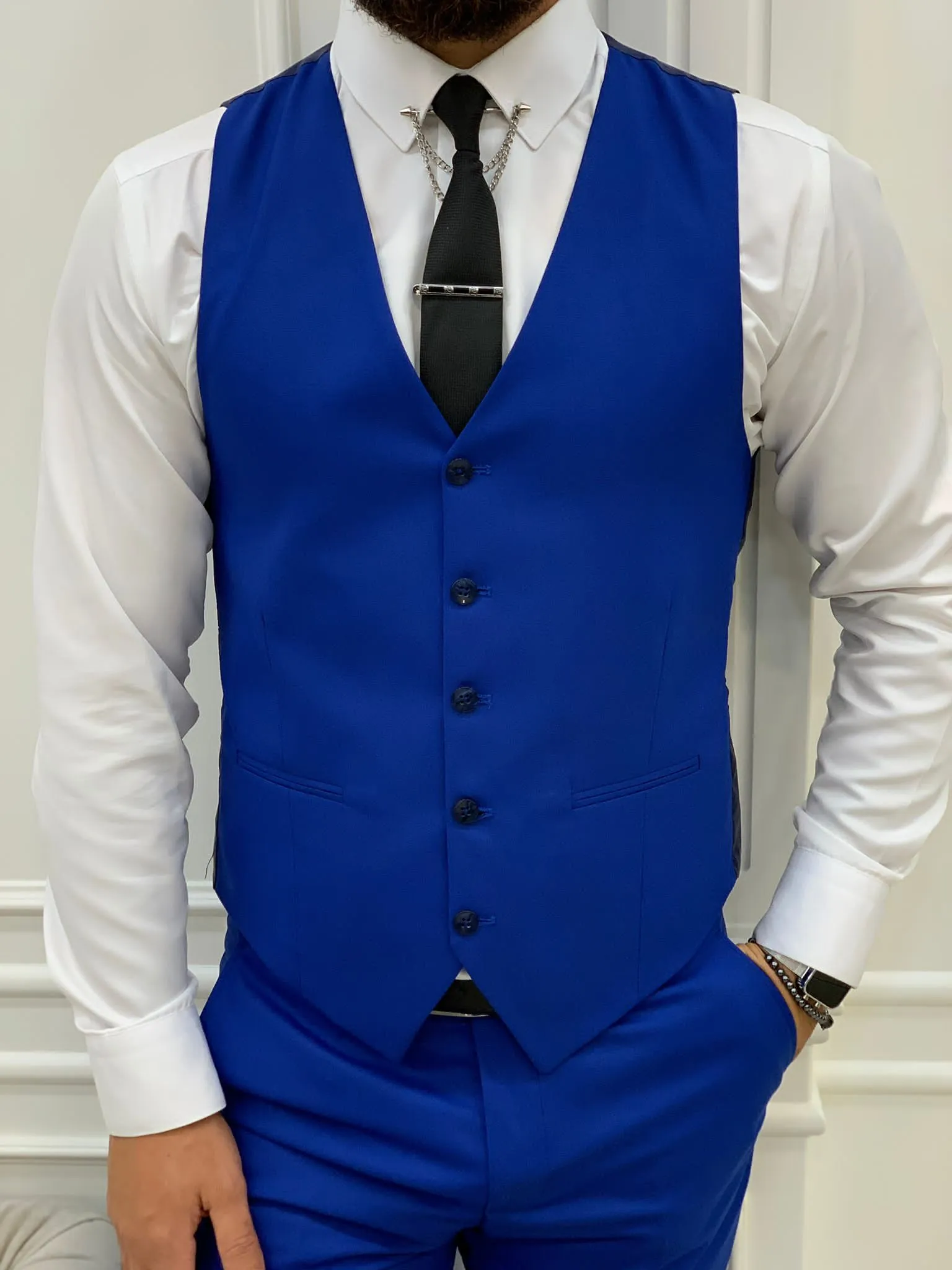 Barrua Blue Slim Fit Peak Lapel Striped Suit