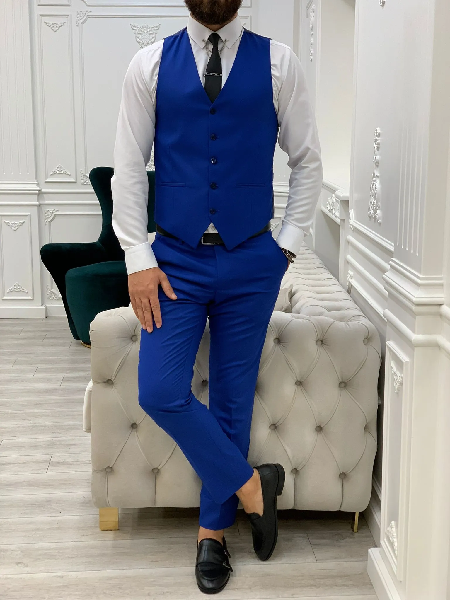 Barrua Blue Slim Fit Peak Lapel Striped Suit
