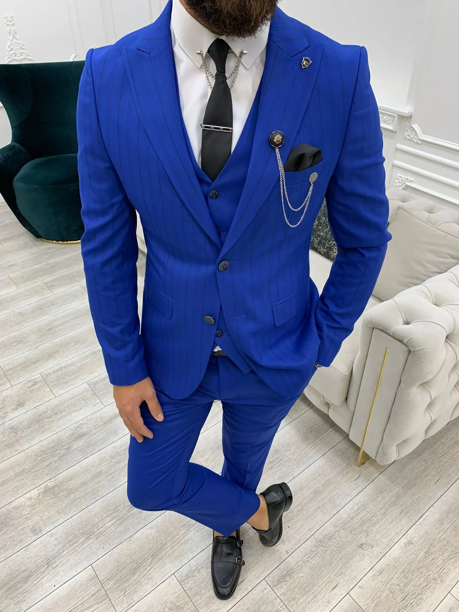 Barrua Blue Slim Fit Peak Lapel Striped Suit