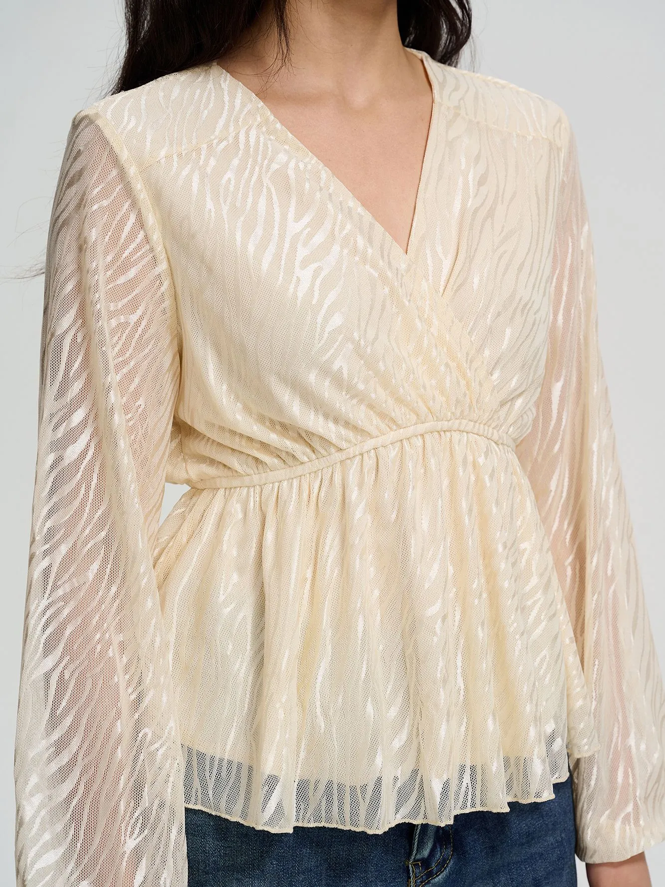 Beige V Neck Peplum Blouse