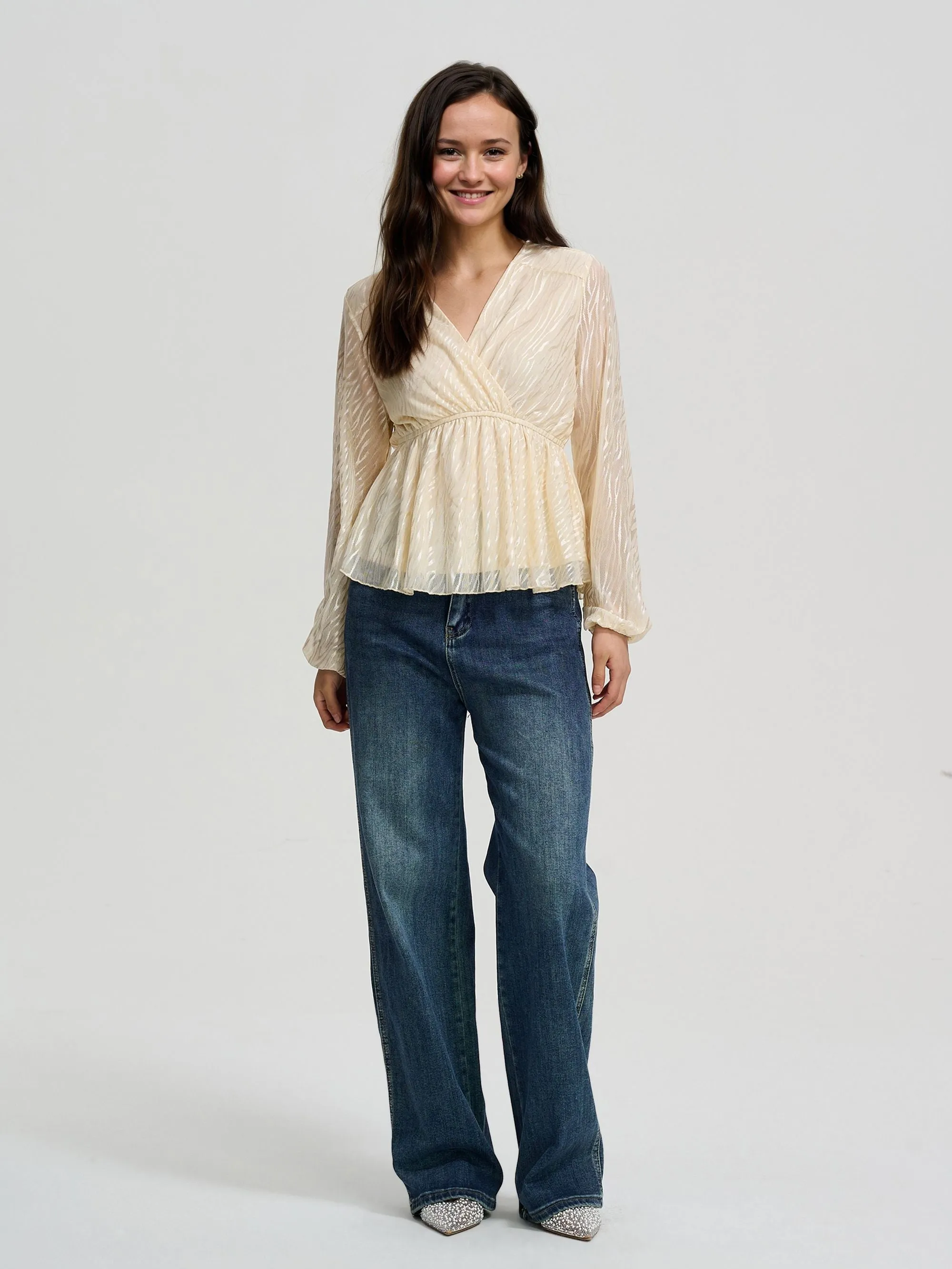 Beige V Neck Peplum Blouse