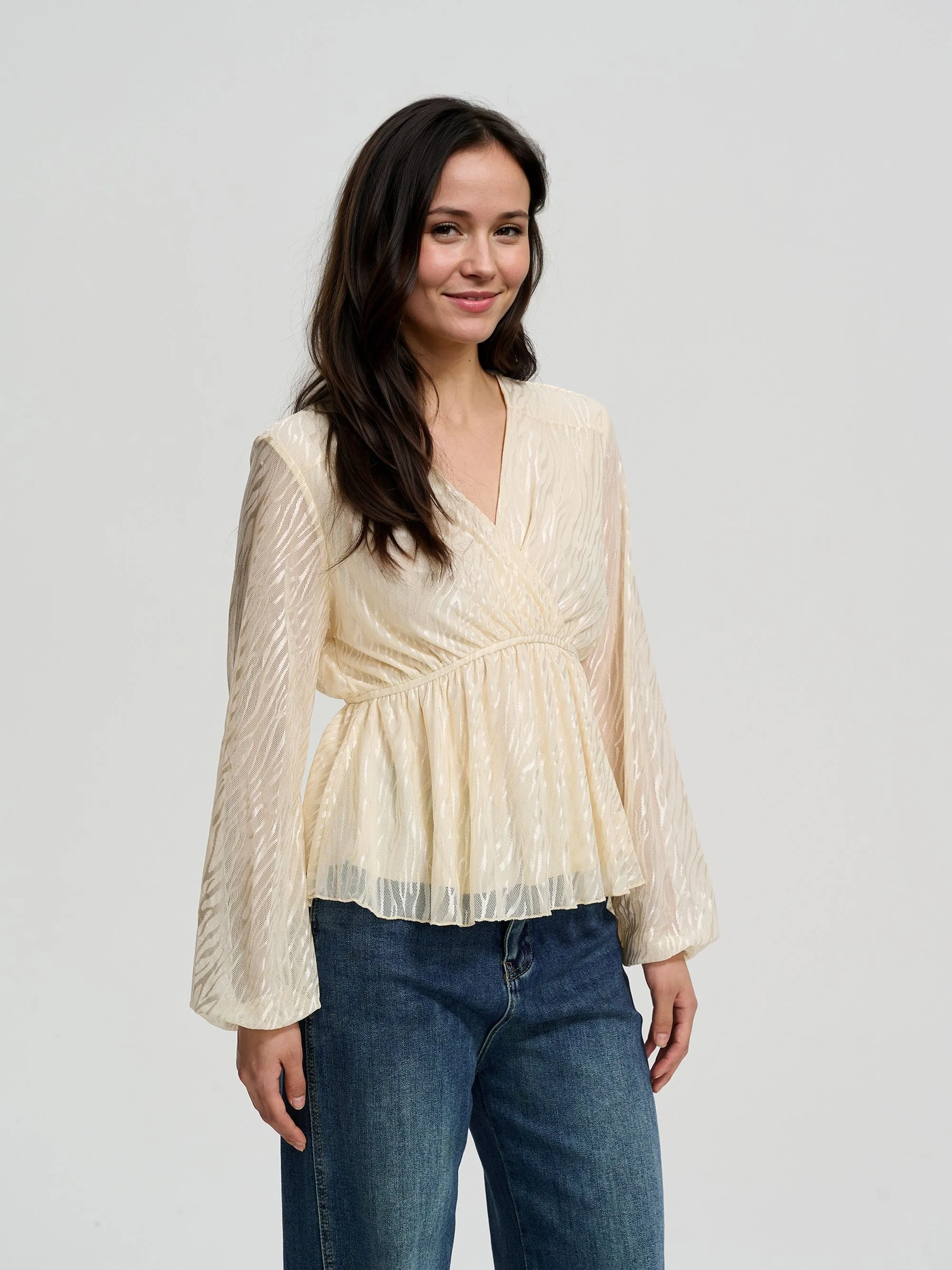 Beige V Neck Peplum Blouse