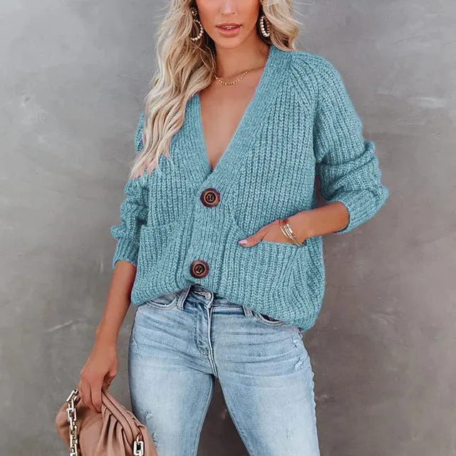 Big Classic Button Deep V-Neck Cardigan