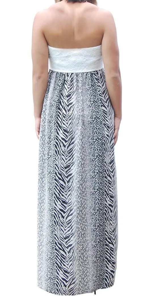 Black Gray Strapless Lace Mixed Zebra Leopard Animal Print Long Evening Maxi Dress