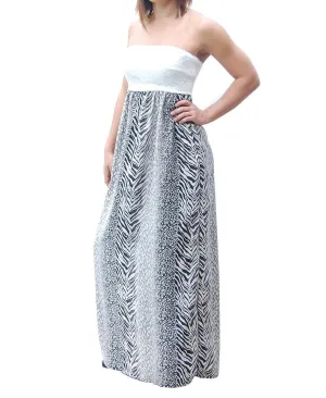 Black Gray Strapless Lace Mixed Zebra Leopard Animal Print Long Evening Maxi Dress