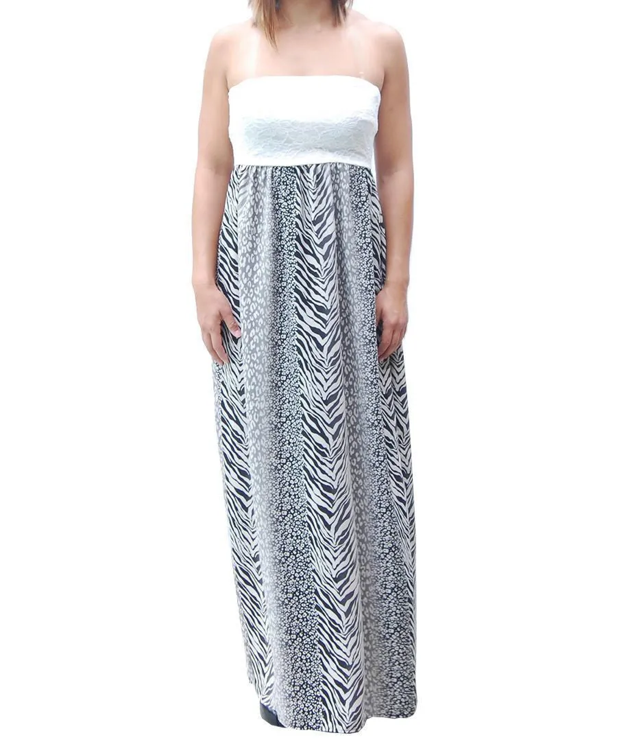 Black Gray Strapless Lace Mixed Zebra Leopard Animal Print Long Evening Maxi Dress