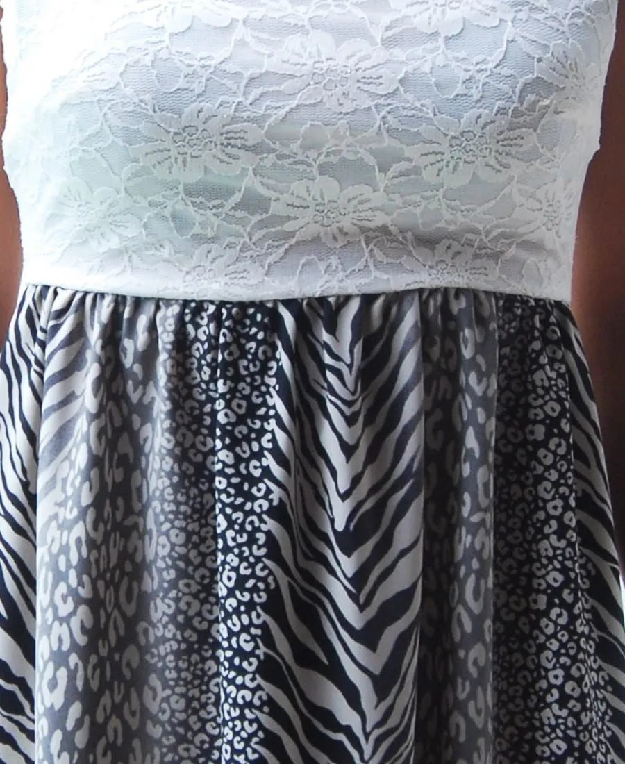 Black Gray Strapless Lace Mixed Zebra Leopard Animal Print Long Evening Maxi Dress