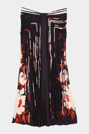 Black Peony Fringe Midi Skirt