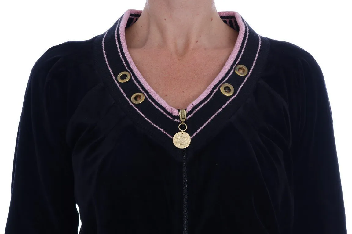 Black Pink Velvet Zip Cardigan Sweater