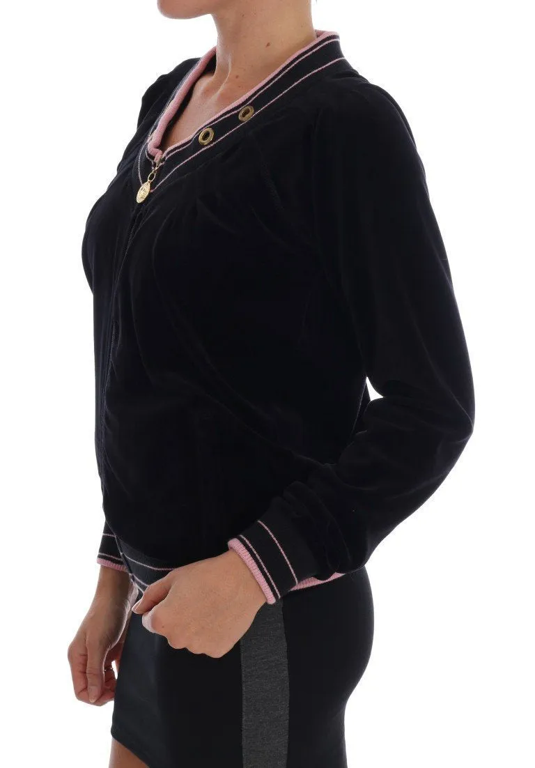 Black Pink Velvet Zip Cardigan Sweater